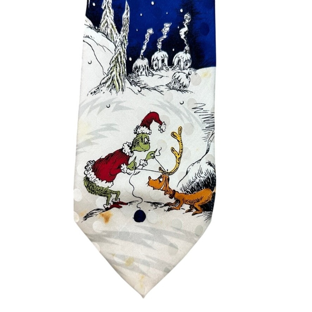 Vintage 1995 Dr Seuss The Grinch Silk Christmas Tie Esprit de Corp Blue White